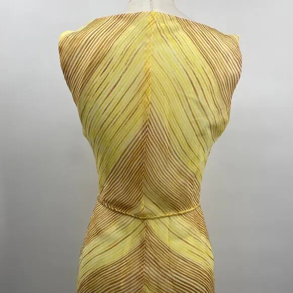 Vintage Y2k Bias Cut Cowl Neck Midi Dress Stripe Pattern Tie Waist Yellow Small - Picture 7 of 9